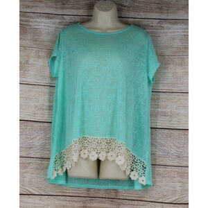 Umgee Womens Size Small Knit Short Sleeve Top Shirt with Crochet Trim Sea Blue
